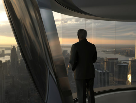 A man in a suit is looking out a window at the city below. The view is of a city skyline with a large body of water in the backgroundの素材