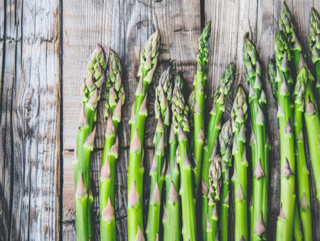 A bunch of green asparagus are on a wooden table. The asparagus are long and thin, and they are arranged in a row. Concept of freshness and healthの素材