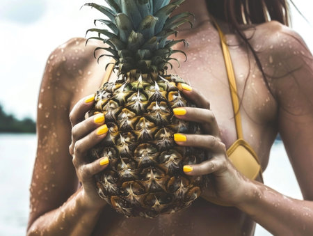 A woman holding a pineapple in her hands. The pineapple is yellow and has a green top. Scene is lighthearted and funの素材