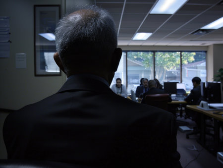 A man in a suit is sitting in a conference room with other people. He is looking at the cameraの素材