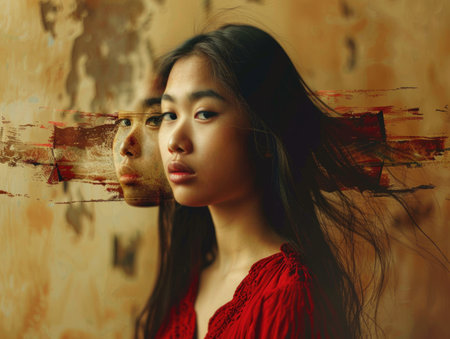 A woman in a red dress is the main focus of the image. The background features a wall with a red and brown color scheme, which adds a sense of depth and contrast to the scene. The woman's long hairの素材