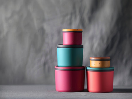 A stack of colorful containers, including a blue one, sit on a gray surface. The containers are arranged in a pyramid shape, with the blue one at the bottom and the others stacked on top of itの素材