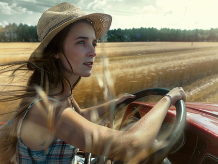 A woman is driving a red car with a straw hat on. She is looking out the window and she is enjoying the rideの素材