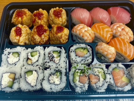 A tray of assorted sushi is displayed on a table. The sushi is arranged in a way that makes it look like a mealの素材