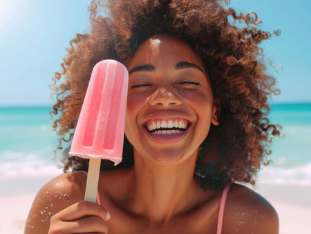 A woman with curly hair is holding a pink ice cream stick and smiling. Concept of happiness and enjoyment, as the woman is posing with the ice cream in a beach settingの素材