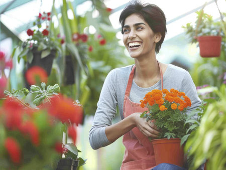A woman is smiling while holding a potted plant. She is wearing an apron and is surrounded by various plants. Concept of happiness and contentment, as the woman enjoys her time tending to the plantsの素材