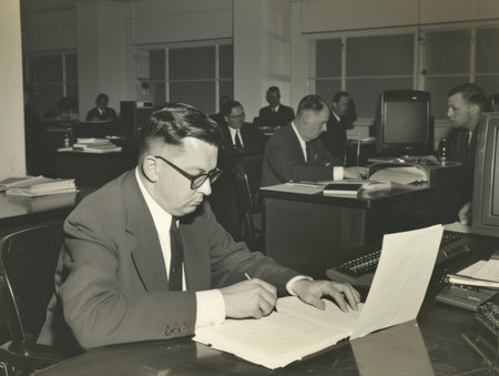 A man in a suit is writing on a piece of paper at a desk. The scene appears to be a professional office setting, with several other men sitting at desks nearby. The atmosphere seems to be focusedの素材