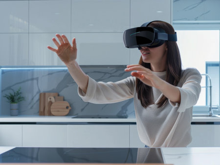 A woman is playing a video game with a virtual reality headset on. She is wearing a white shirt and she is focused on the game. The kitchen is clean and well-lit, with a sink and a potted plant nearbyの素材