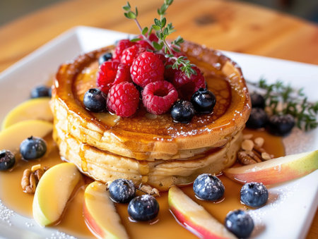 A stack of pancakes with blueberries, raspberries, and apples on top. The pancakes are topped with a syrup and a sprinkle of powdered sugarの素材