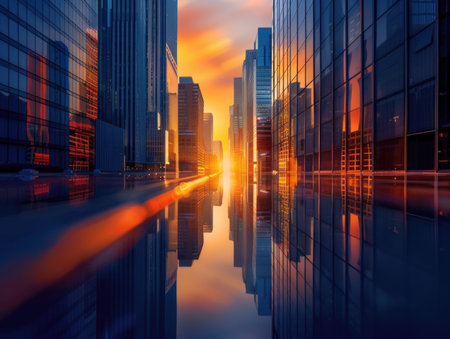 A city skyline with a sunset in the background. The reflection of the buildings in the water creates a serene and peaceful atmosphereの素材