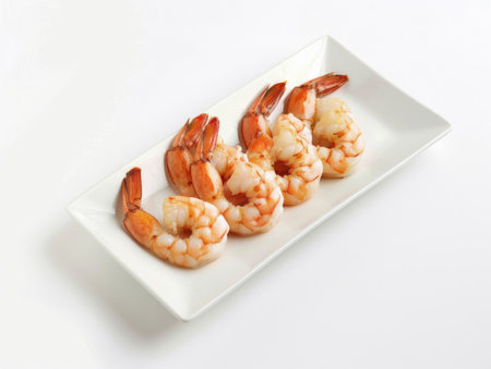 A plate of shrimp is on a white background. The shrimp are cut in half and arranged in a rowの素材