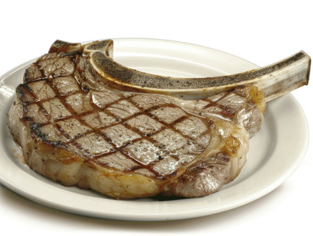 A steak is on a white plate with a grill pattern. The steak is cooked and has a nice searの素材