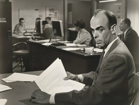 A man in a suit is sitting at a desk with a stack of papers in front of him. He is looking at the papers and he is focused on themの素材