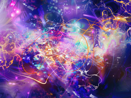 A colorful, abstract painting of a galaxy with a purple swirl. The painting is full of bright colors and has a dreamy, otherworldly feel to itの素材
