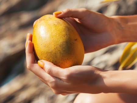 A woman is holding a ripe mango in her hand. The fruit is yellow and has a slightly bumpy texture. The woman is enjoying the fruit and is likely about to eat itの素材