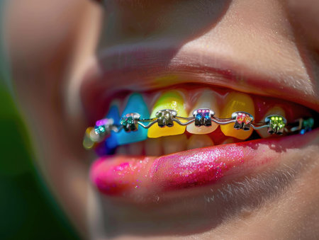 A girl with braces has her teeth painted with rainbow colors. The braces are visible in the upper and lower teethの素材