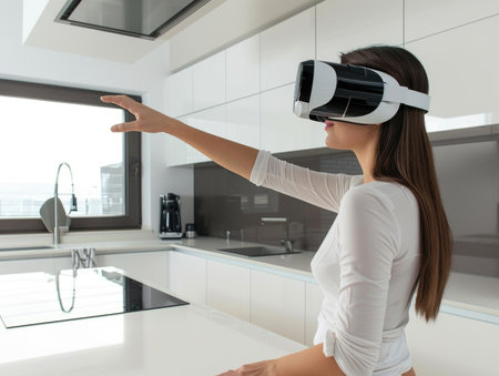 A woman wearing a virtual reality headset is pointing at something in the kitchen. The kitchen is clean and well-organized, with a sink, stove, and oven visibleの素材