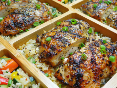 A plate of chicken and rice with a side of vegetables. The chicken is cooked and seasoned, and the rice is fluffy and white. The vegetables include broccoli and carrots, which add colorの素材