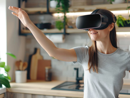 A woman is wearing a virtual reality headset and is smiling. She is standing in a kitchen with a countertop and a sinkの素材