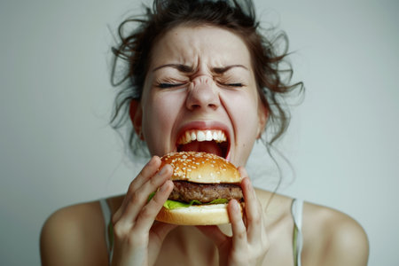 A woman is eating a hamburger with her mouth wide open. The burger is covered in sesame seeds and lettuceの素材