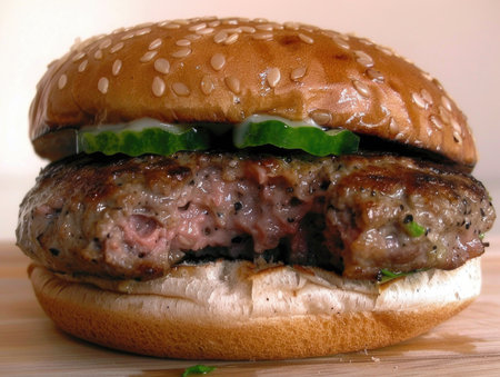 A hamburger with a slice missing and a pickle on top. The burger is on a wooden tableの素材