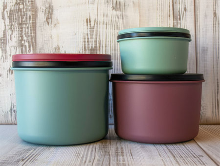 Three plastic containers of different sizes are stacked on top of each other. The containers are green, red, and purpleの素材