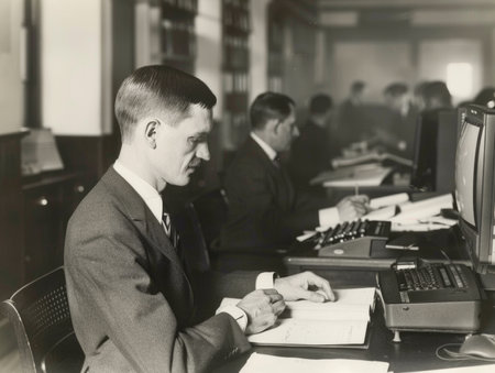 A man is sitting at a desk with a typewriter and a computer monitor. He is wearing a suit and tie. The scene appears to be a work environment, possibly an office or a libraryの素材
