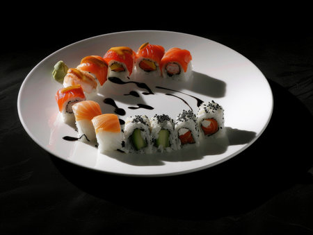 A plate of sushi with a black background. The sushi is arranged in a way that it looks like a smiley faceの素材