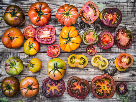 A close up of many different colored tomatoes, including red, yellow, and green. Concept of abundance and variety, showing the diverse colors and shapes of the tomatoesの素材
