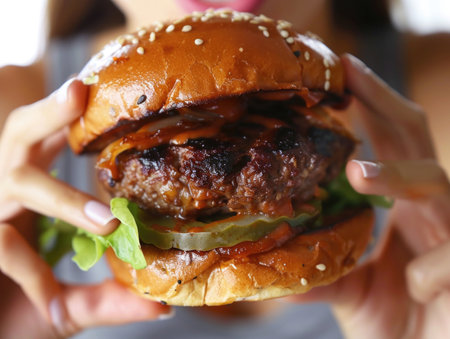 A woman is holding a large hamburger with lettuce and pickles. The burger is brown and has a bunの素材