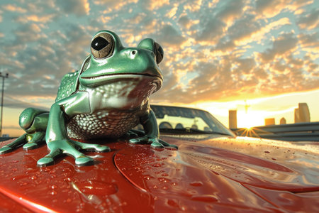A frog is sitting on a red car. The frog is green and has a big, curious look on its face. The scene is set against a backdrop of a cloudy sky, with the sun setting in the distanceの素材