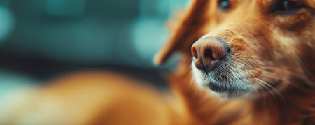 A close-up view of a dogs face, with a blurry background highlighting its expressive eyes and nose in vivid detail.の素材
