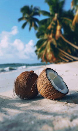 Two coconuts are laying on the sand on a beach. The coconuts are open and the inside is visible. The beach is calm and peaceful, with palm trees in the backgroundの素材