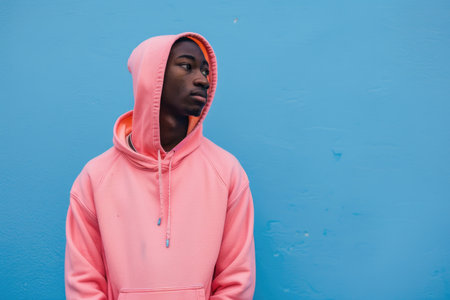 A man wearing a pink hoodie is standing in front of a blue wall. The man is looking at the cameraの素材