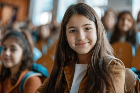 A girl with long brown hair is smiling at the camera. She is surrounded by other children, some of whom are also smiling. The scene appears to be a classroom or a gathering of young peopleの素材