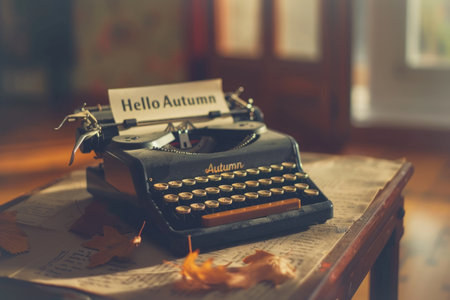 An old typewriter sits on a wooden table with a piece of paper that reads Hello Autumn, surrounded by autumn leaves.の素材