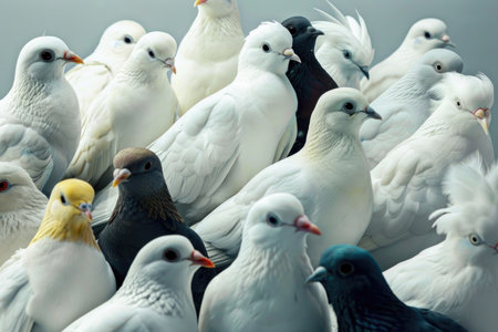 A group of white and gray pigeons gather closely together, their feathers soft and ruffled. A lone black pigeon sits amongst the group, adding a touch of contrast.の素材