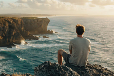 A man sits on a cliff overlooking a vast ocean, contemplating the beauty and vastness of the sea as the sun sets on the horizon.の素材