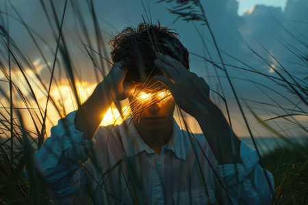 A man stands in tall grass at sunset, his hands raised to his face as the sun shines through his fingers, creating a radiant glow around his eyes.の素材