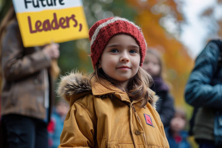 Young girl in a red knitted hat and brown eyes gazes at the camera, wearing a yellow jacket with a fur-lined hood. Sign in background says Future Leaders, hinting at protest involvement.の素材