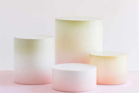 Three ombre cylinders in shades of white, yellow, and pink are arranged on a pink surface.の素材