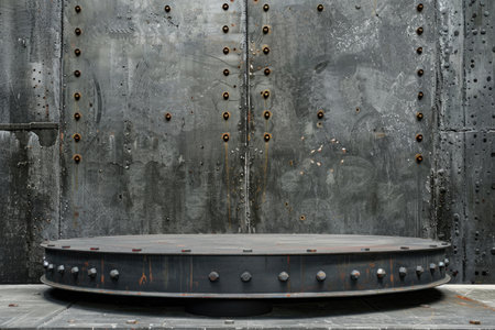 A circular metal platform sits in front of a weathered metal wall, featuring a pattern of rivets.の素材