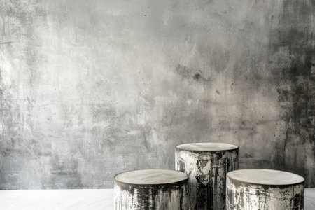 Three concrete pedestals sit in front of a distressed concrete wall. The pedestals have a rustic, weathered appearance, adding a touch of vintage charm to the minimalist backdrop.の素材