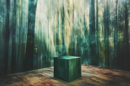A green cube sits in the center of a room, with a background of a painted forest scene.の素材