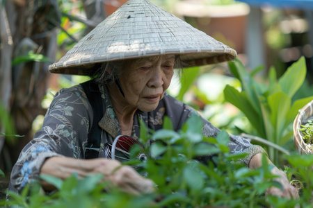 An elderly woman in a traditional Vietnamese conical hat tends to her garden, her hands gently caressing the vibrant green foliage.の素材