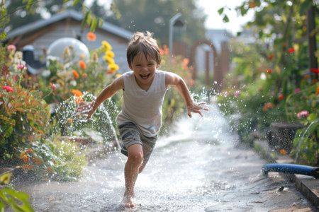 A young boy runs through a sprinkler in a garden, laughing and enjoying the summer day.の素材