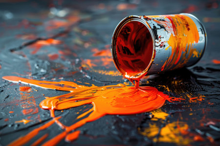 A paint can spills its fiery contents onto a dark surface, creating an abstract composition of vibrant orange and crimson hues.の素材