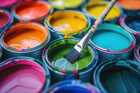A close-up shot of various paint cans in different colors, with a paintbrush resting on top of a green paint can, ready to be used.の素材