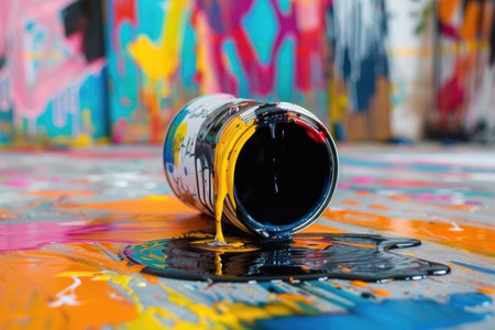 A paint can tipped over on a vibrant canvas, leaving a trail of black and yellow paint.の素材