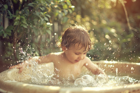 A young child splashes around in a tub of water, enjoying a sunny afternoon.の素材
